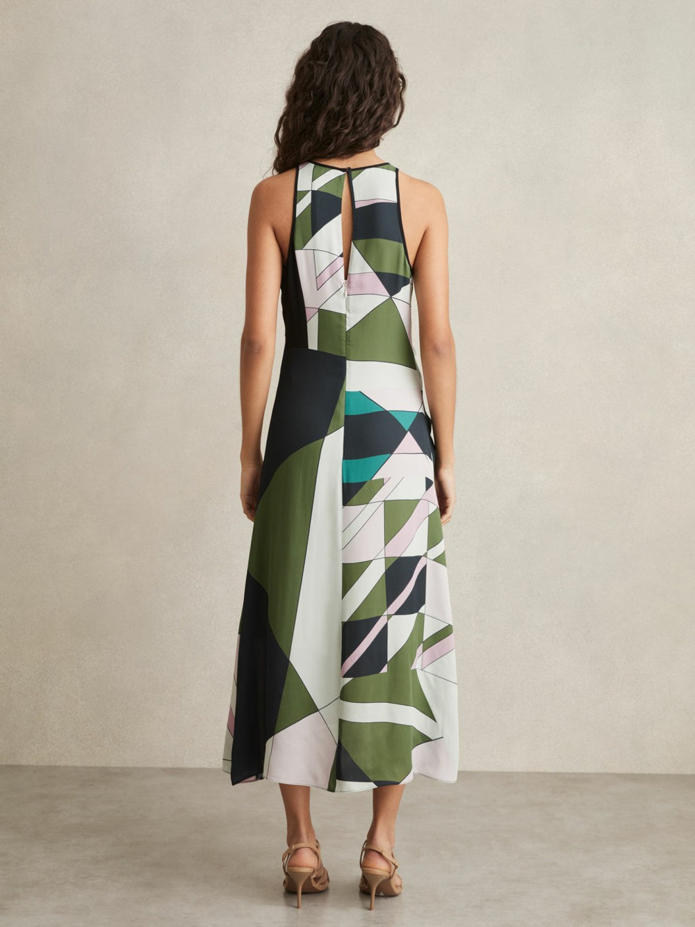 Women Geometric-Print Gathered Midi Dress in Green