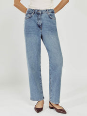 Women Petite Mid-Rise Straight-Leg Jeans in Light Blue