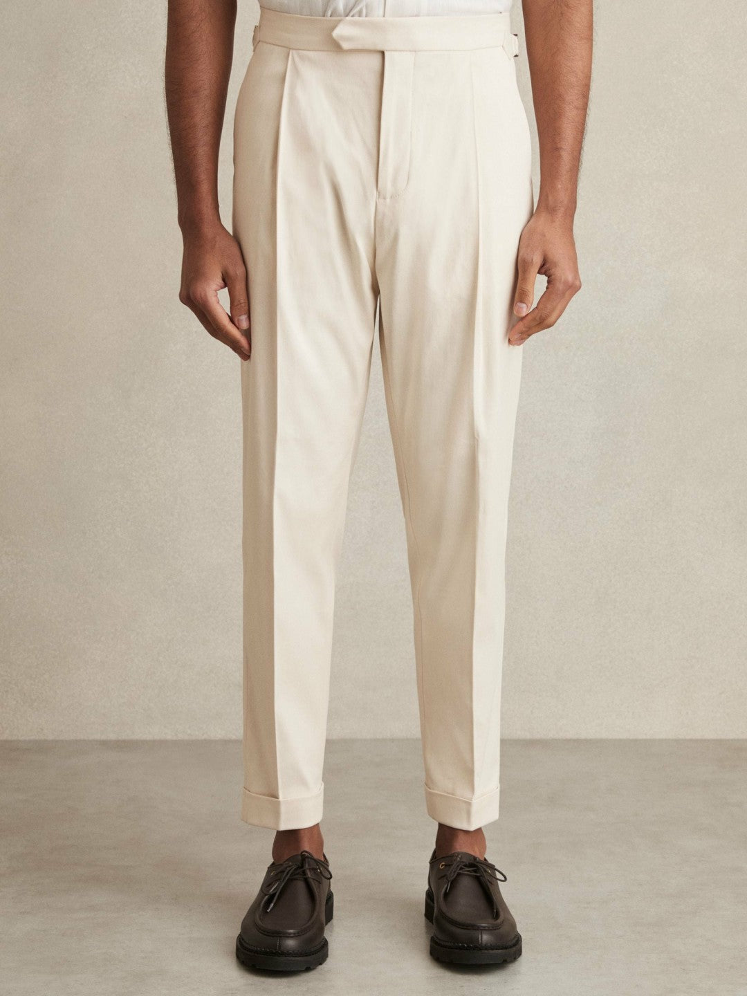 Men Cotton-Blend Tapered Trousers in Stone