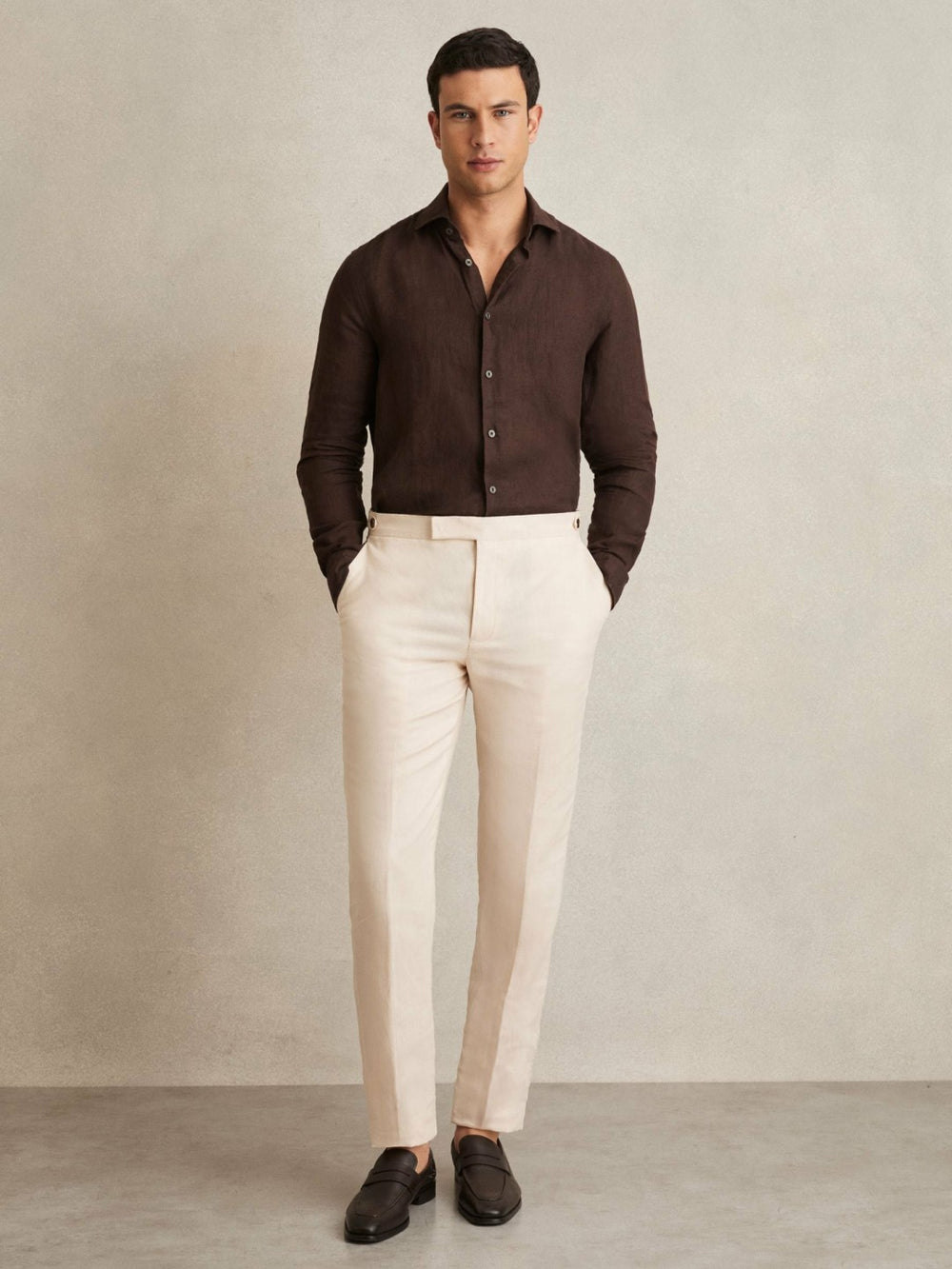 Men Linen Button-Through Shirt in Dark Brown