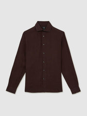 Men Linen Button-Through Shirt in Dark Brown