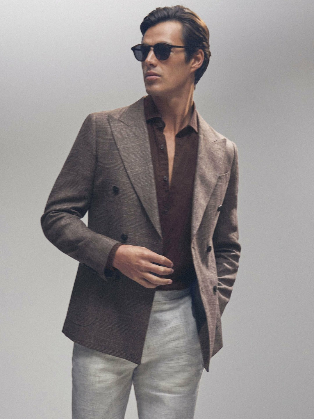 Men Linen Button-Through Shirt in Dark Brown