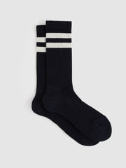 Men Cotton-Blend Double-Stripe Socks in Navy/Ecru