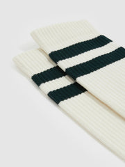 Men Cotton-Blend Double-Stripe Socks in Forest Green/Ecru