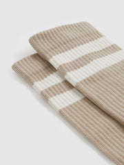 Men Cotton-Blend Double-Stripe Socks in Taupe/Ecru
