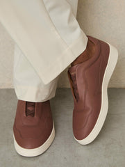 Men Leather Elasticated-Lace Trainers in Terracotta Brown