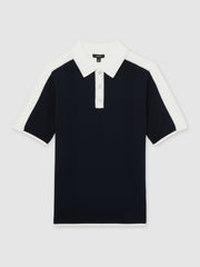 Men Colour-Block Knit Polo Shirt in Navy/White