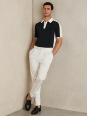 Men Colour-Block Knit Polo Shirt in Navy/White