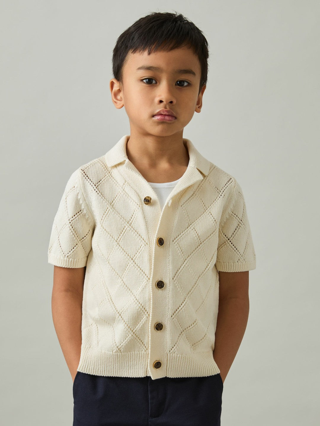 Children & Baby 3-9 yrs Cotton Blend Diamond Knit Shirt in Off White
