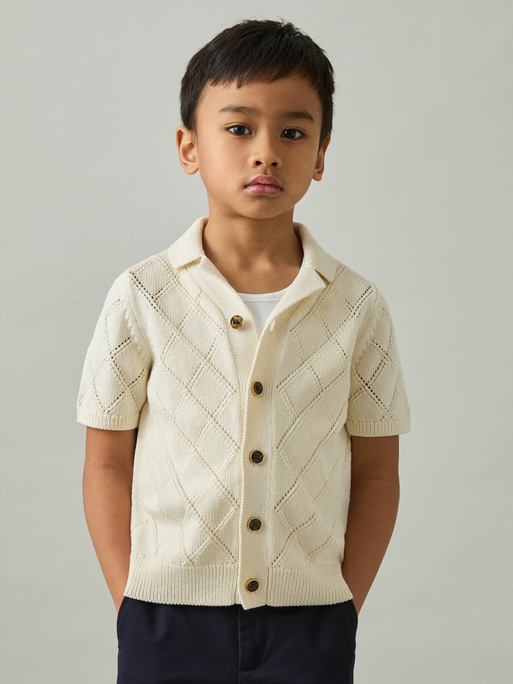 Children & Baby 3-9 yrs Cotton Blend Diamond Knit Shirt in Off White