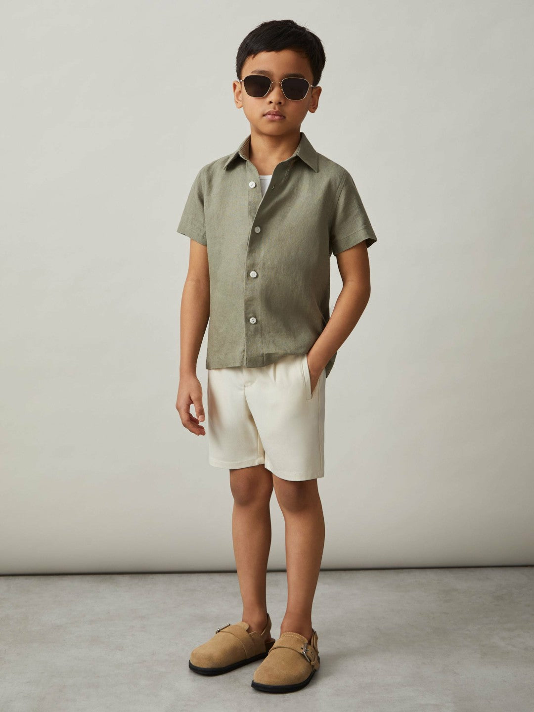 Children & Baby 3-9 yrs Short Sleeve Linen Shirt in Thyme Green