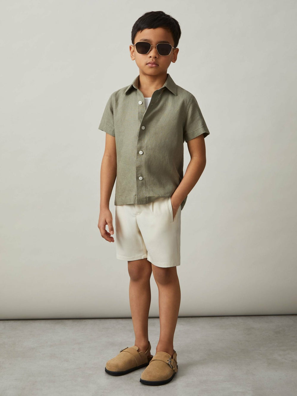 Children & Baby 3-9 yrs Short Sleeve Linen Shirt in Thyme Green