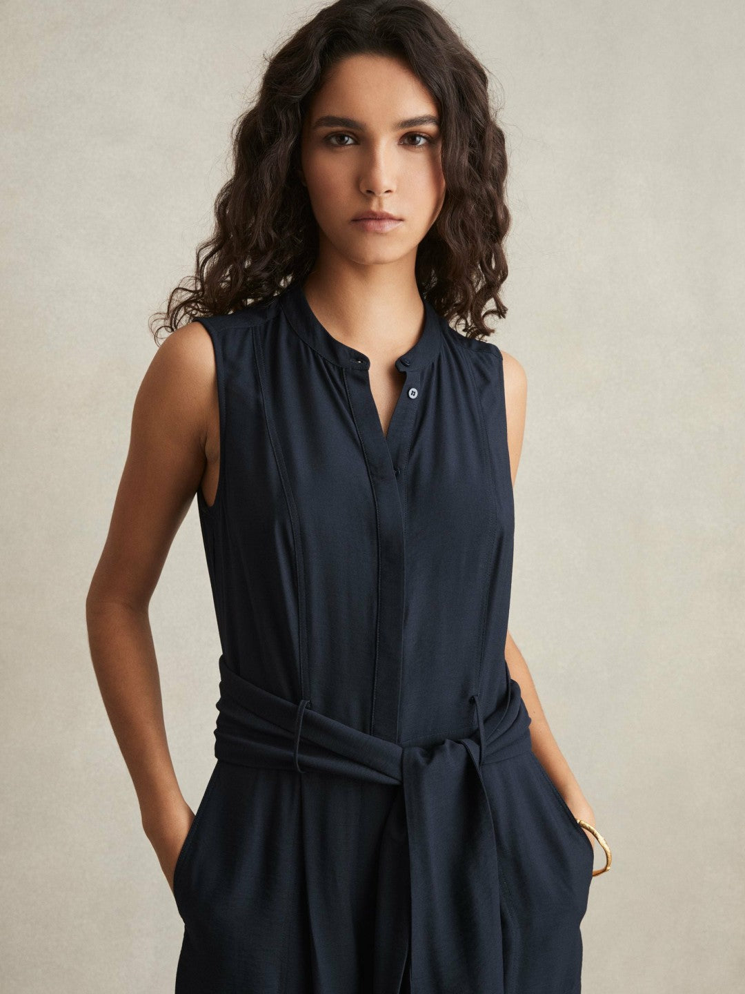 Women Petite Wide-Leg Belted Jumpsuit in Navy