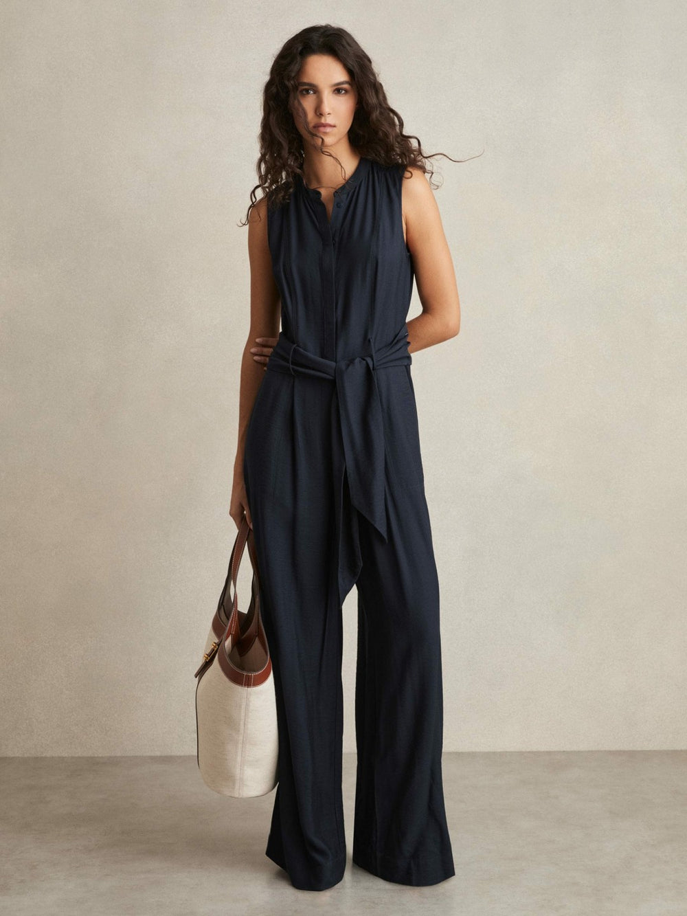 Women Petite Wide-Leg Belted Jumpsuit in Navy