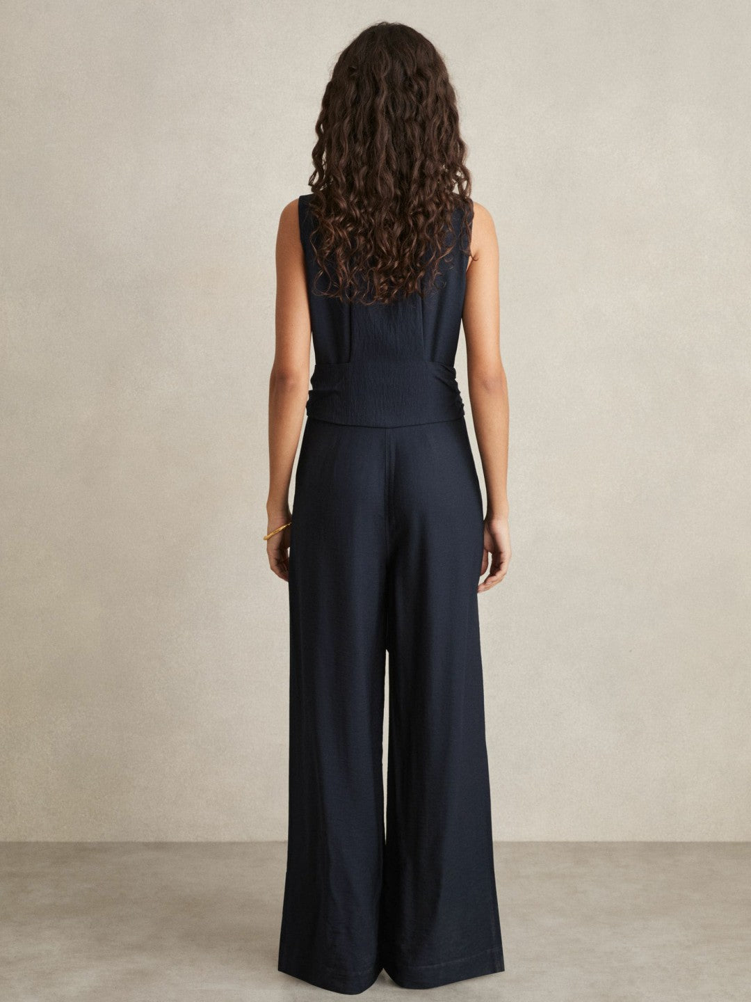 Women Petite Wide-Leg Belted Jumpsuit in Navy