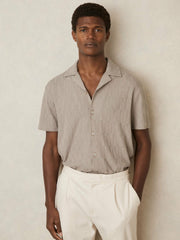 Men Cotton Textured Cuban-Collar Shirt in Mink Brown