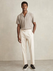 Men Cotton Textured Cuban-Collar Shirt in Mink Brown