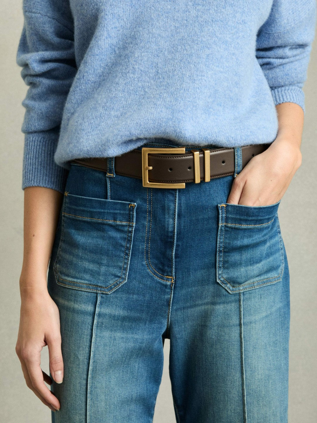 Women Leather Square Buckle Belt in Chocolate