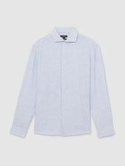 Men Linen Striped Long Sleeve Shirt in Soft Blue/White Fine Stripe