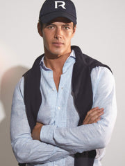 Men Linen Striped Long Sleeve Shirt in Soft Blue/White Fine Stripe