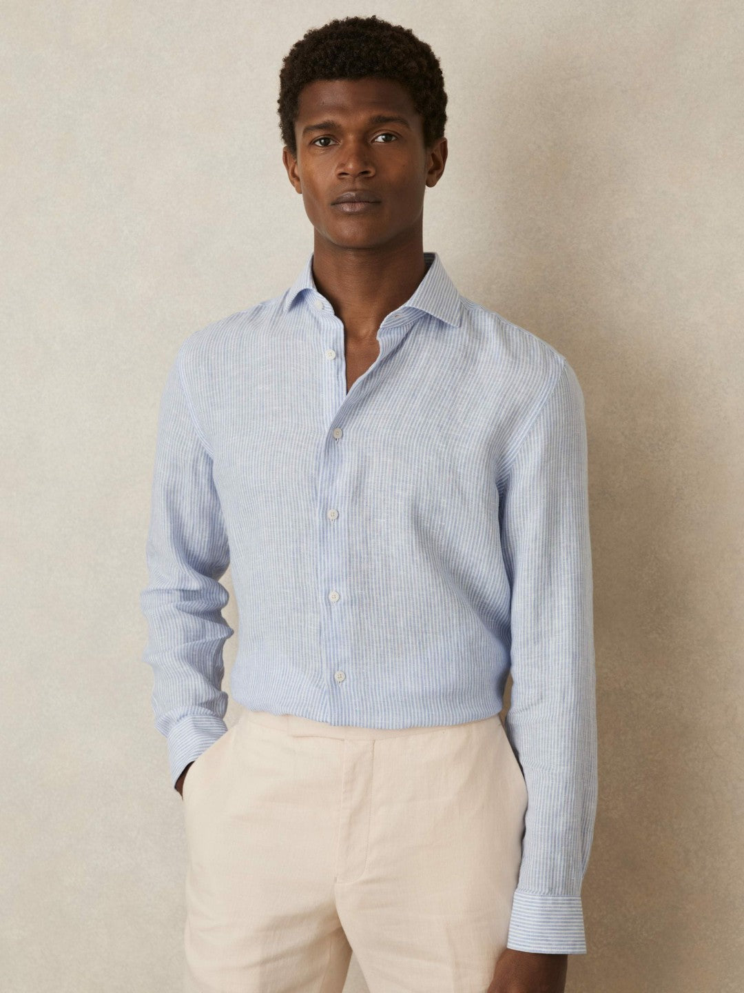 Men Linen Striped Long Sleeve Shirt in Soft Blue/White Fine Stripe