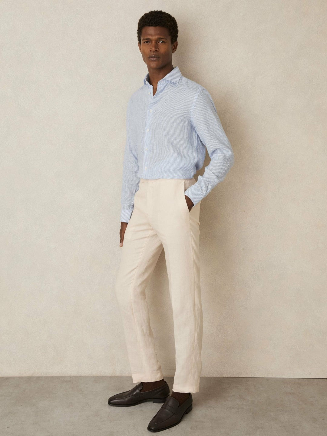 Men Linen Striped Long Sleeve Shirt in Soft Blue/White Fine Stripe