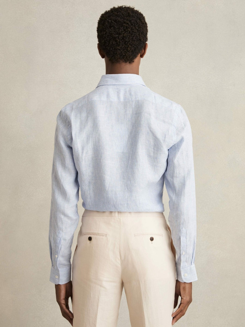 Men Linen Striped Long Sleeve Shirt in Soft Blue/White Fine Stripe