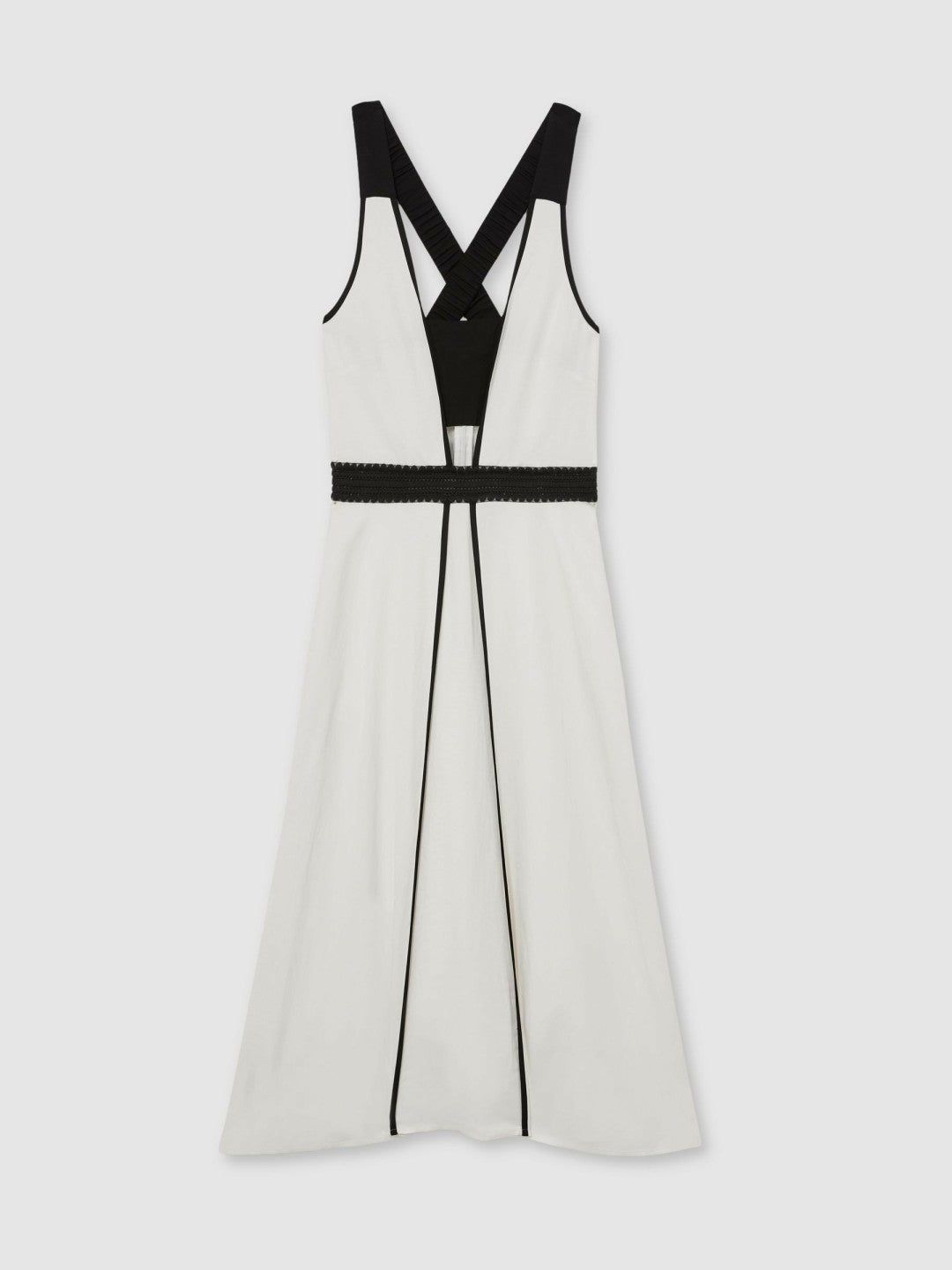 Women Contrast Trim Flared Midi Dress With Linen in Ivory/Black