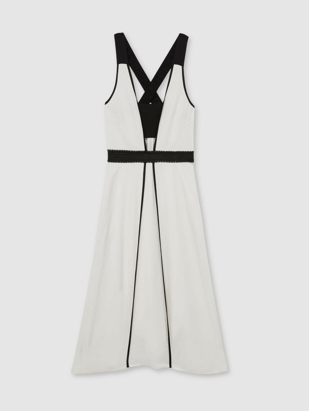 Women Contrast Trim Flared Midi Dress With Linen in Ivory/Black