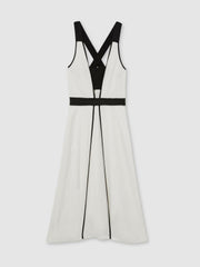 Women Contrast Trim Flared Midi Dress With Linen in Ivory/Black