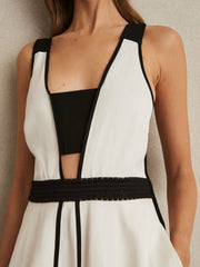 Women Contrast Trim Flared Midi Dress With Linen in Ivory/Black