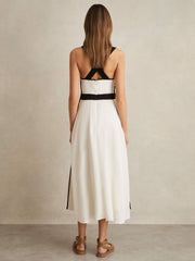 Women Contrast Trim Flared Midi Dress With Linen in Ivory/Black