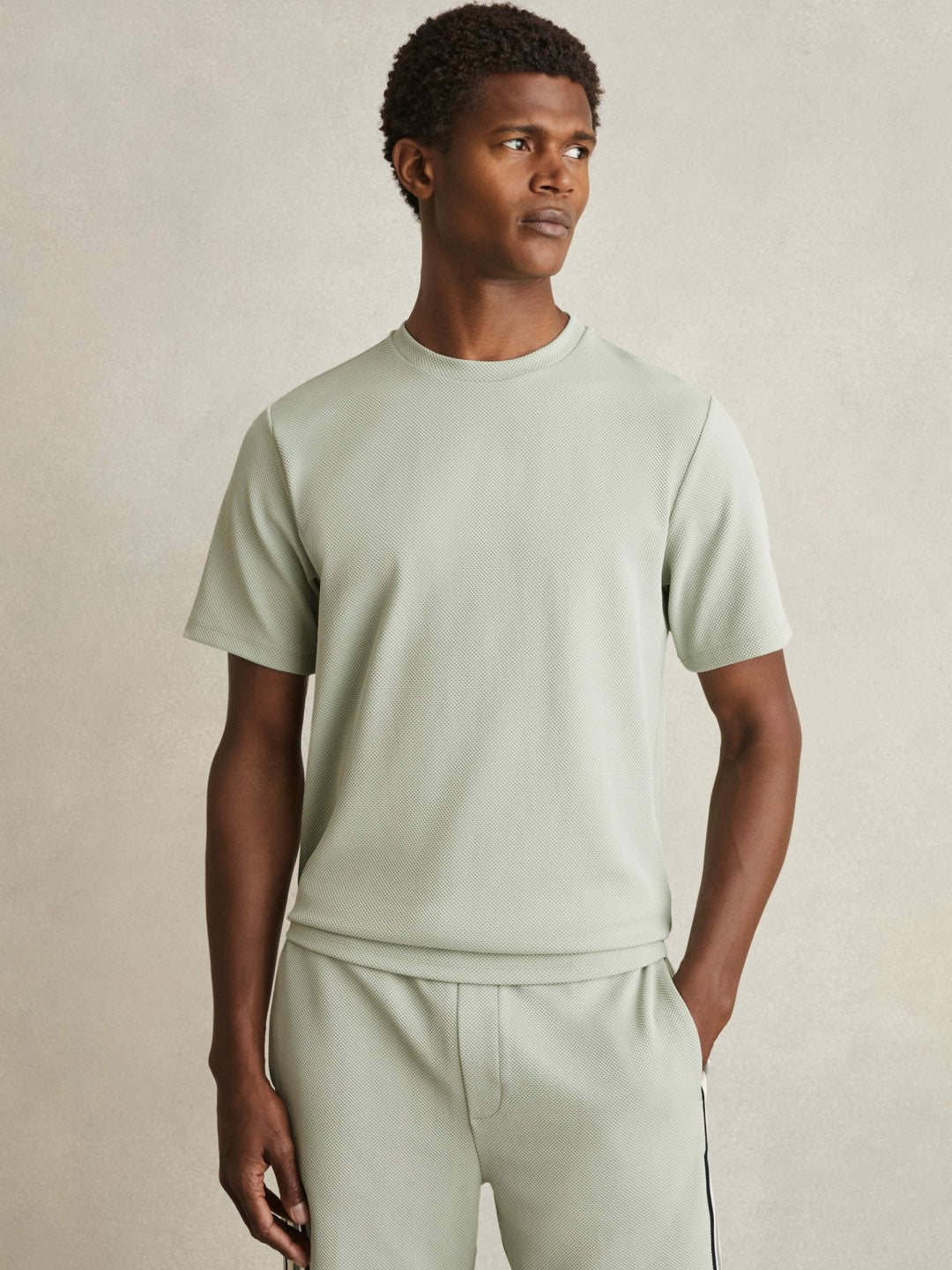 Men Textured Crew-Neck T-Shirt in Sage Green