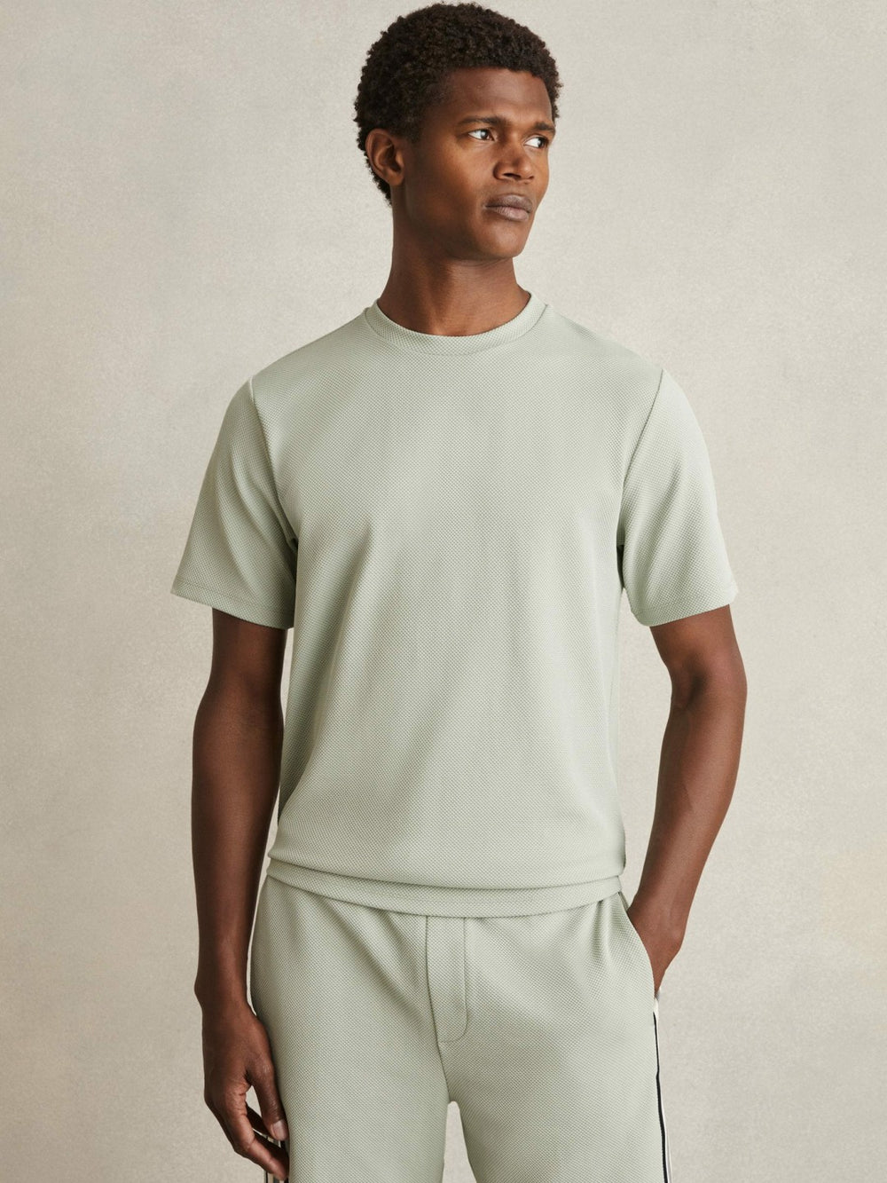Men Textured Crew-Neck T-Shirt in Sage Green