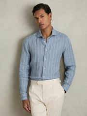 Men Linen Striped Long Sleeve Shirt in Airforce Blue/White Bengal Stripe