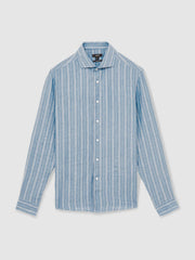 Men Linen Striped Long Sleeve Shirt in Airforce Blue/White Bengal Stripe