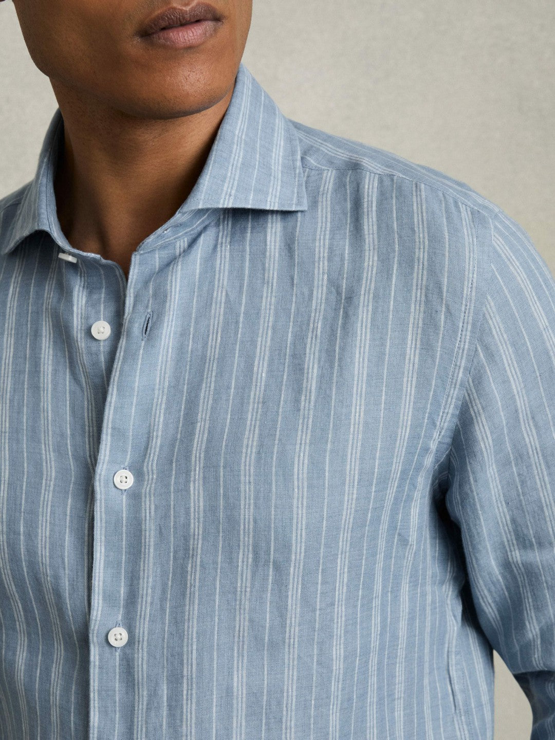 Men Linen Striped Long Sleeve Shirt in Airforce Blue/White Bengal Stripe