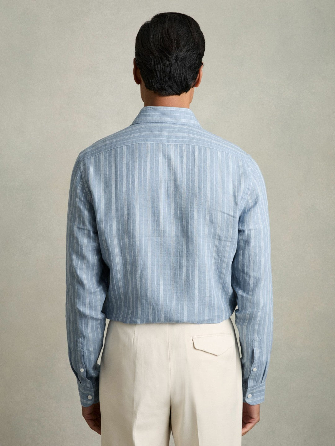 Men Linen Striped Long Sleeve Shirt in Airforce Blue/White Bengal Stripe