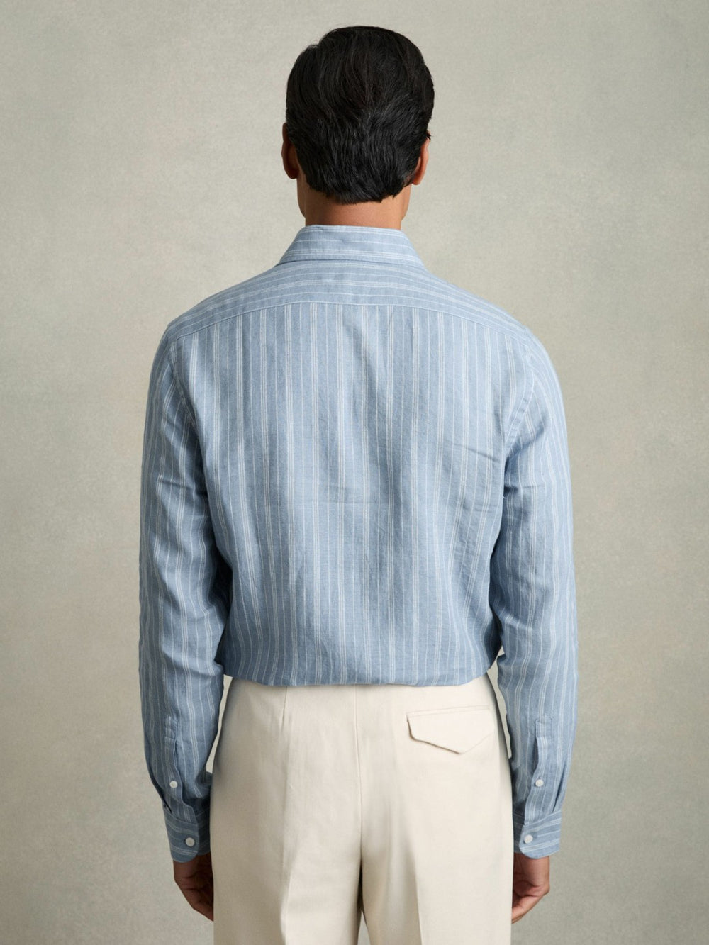 Men Linen Striped Long Sleeve Shirt in Airforce Blue/White Bengal Stripe