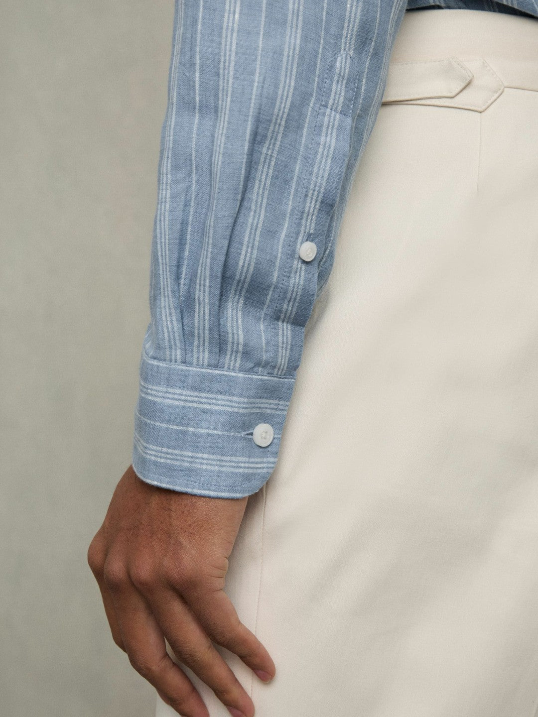 Men Linen Striped Long Sleeve Shirt in Airforce Blue/White Bengal Stripe