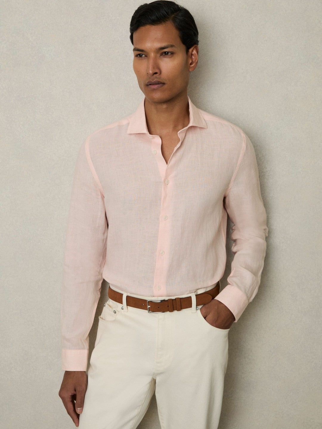 Men Linen Button-Through Shirt in Prep Pink