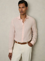 Men Linen Button-Through Shirt in Prep Pink