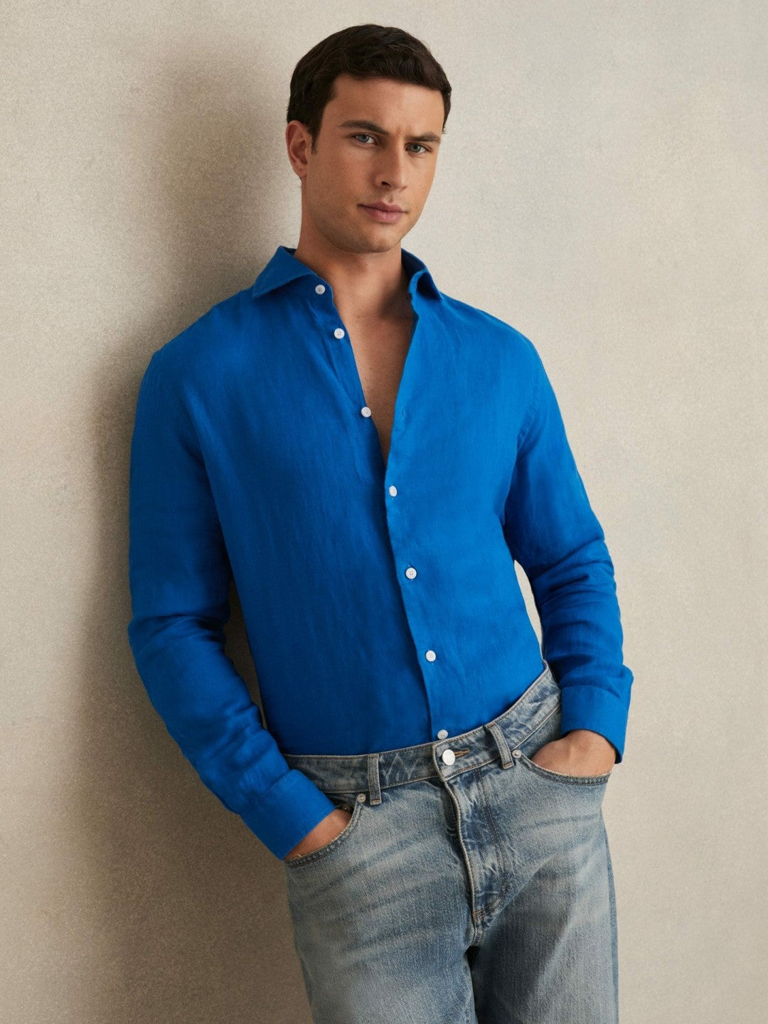 Men Linen Button-Through Shirt in Bright Blue