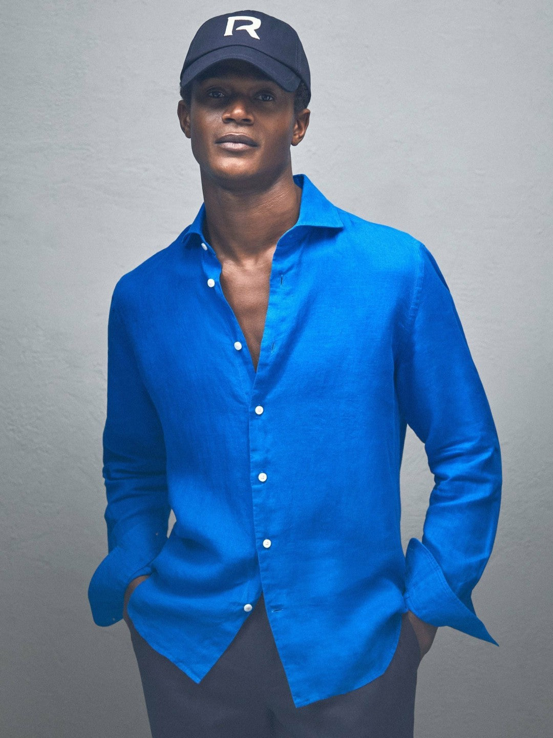 Men Linen Button-Through Shirt in Bright Blue