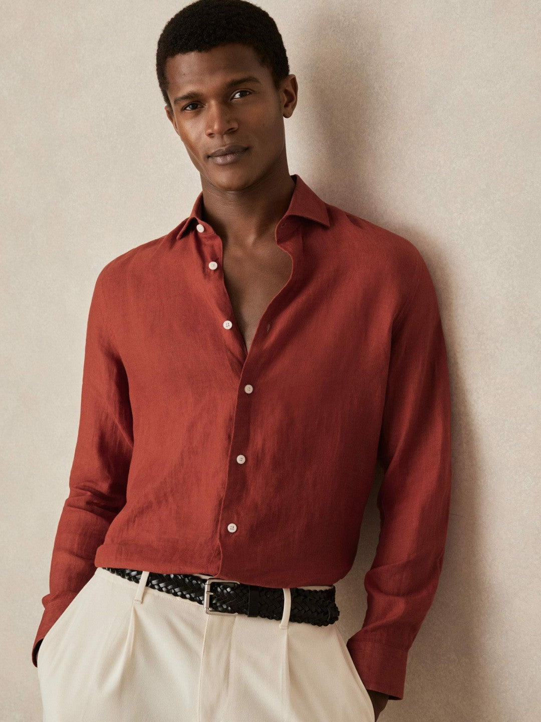 Men Linen Button-Through Shirt in Paprika Red
