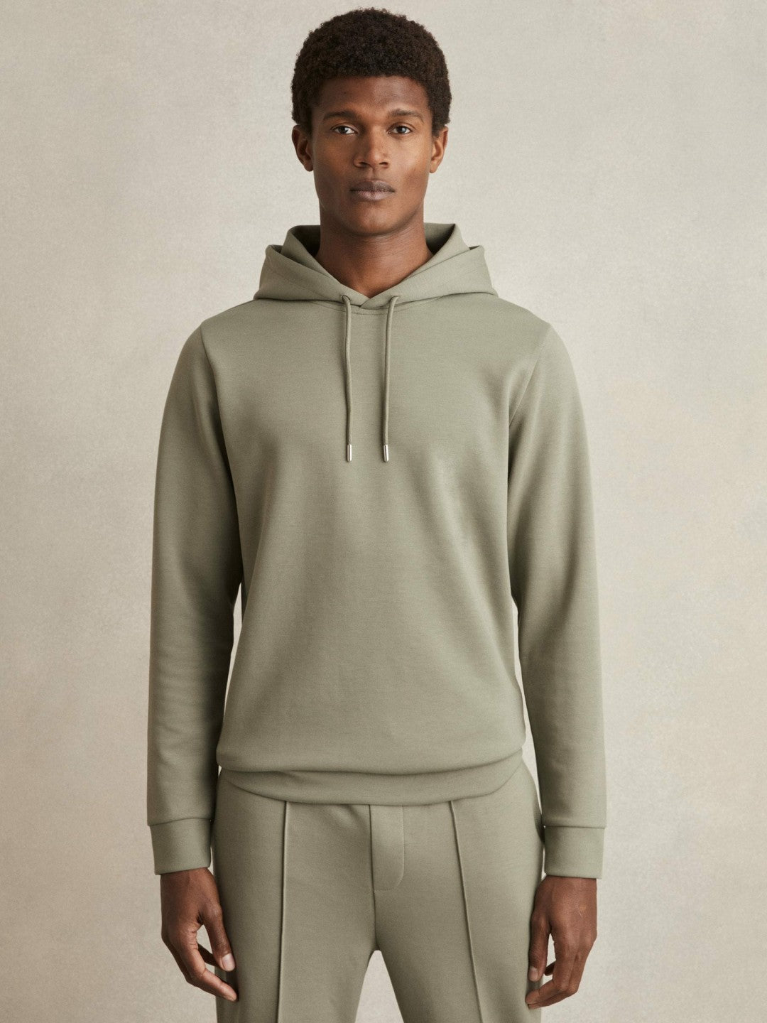 Men Interlock Jersey Drawstring Hoodie in Sage