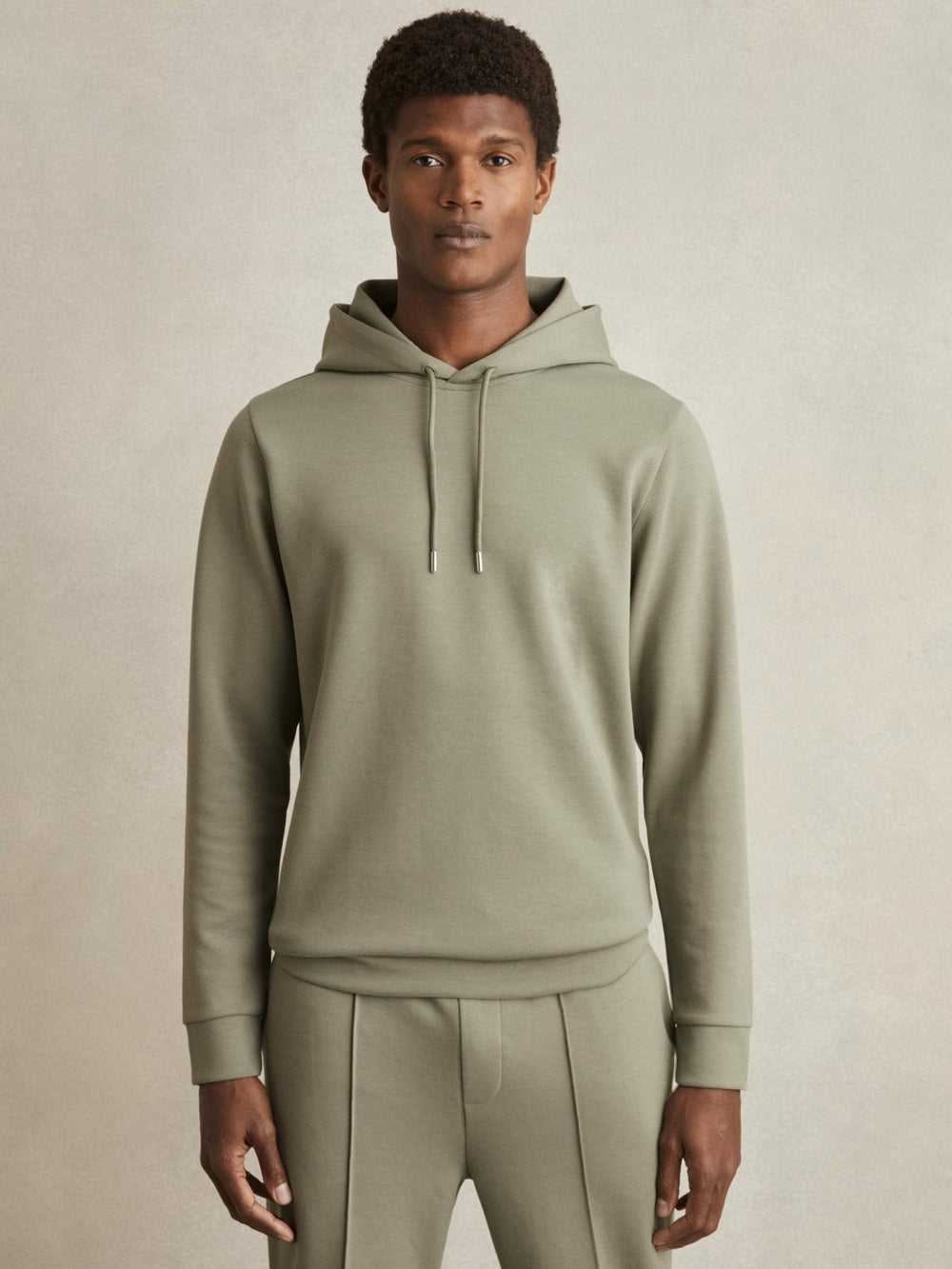 Men Interlock Jersey Drawstring Hoodie in Sage