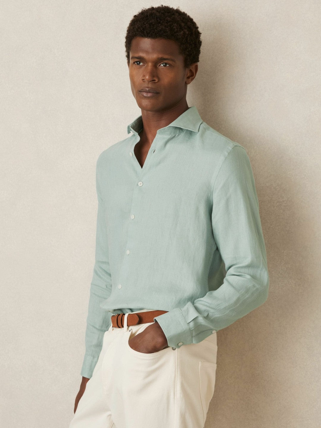 Men Linen Button-Through Shirt in Ocean Green