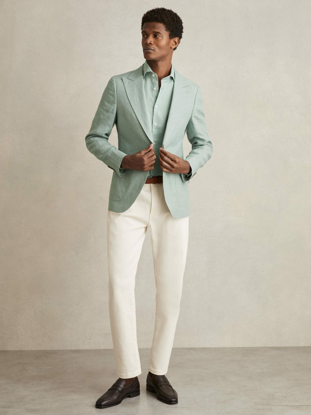 Men Linen Button-Through Shirt in Ocean Green