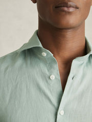Men Linen Button-Through Shirt in Ocean Green